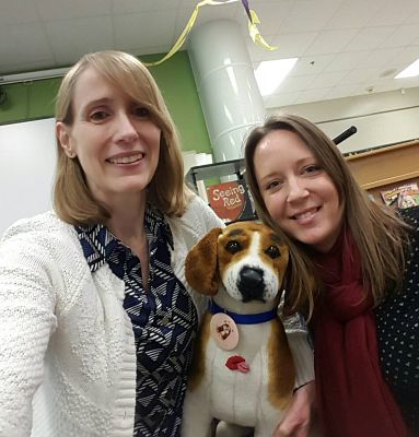 Nancy Loewen, Holly Dragisich, and mascot beagle Maisy